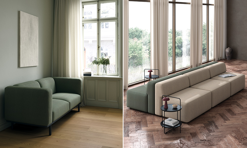 Links Andersen Furniture A1 Sofa mit grünem Stoffbezug und schlankem Gestell vor einem Fenster. Rechts Sill Sofa als großzügige, modular wirkende Sitzlandschaft in Beige und Grün mit klaren Linien und gepolsterten Rückenlehnen.