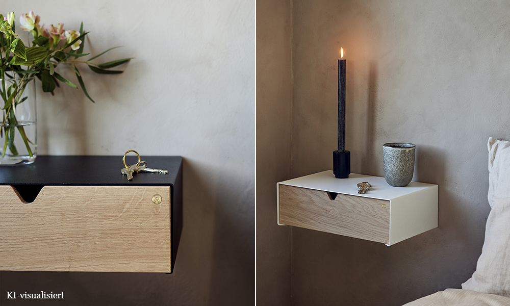 Andersen Furniture Keep Shelf Wandregal aus Metall mit Schublade aus Eichenholz, als schwebender Nachttisch in Schwarz und Weiß neben dem Bett.