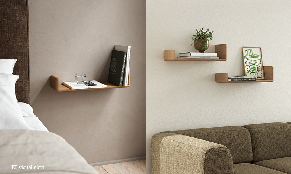 Andersen Furniture Level Shelf Wandregal aus massiver Eiche natur, als Nachttisch neben dem Bett und als Wandablage über dem Sofa mit Büchern, Pflanzen und Dekoration.