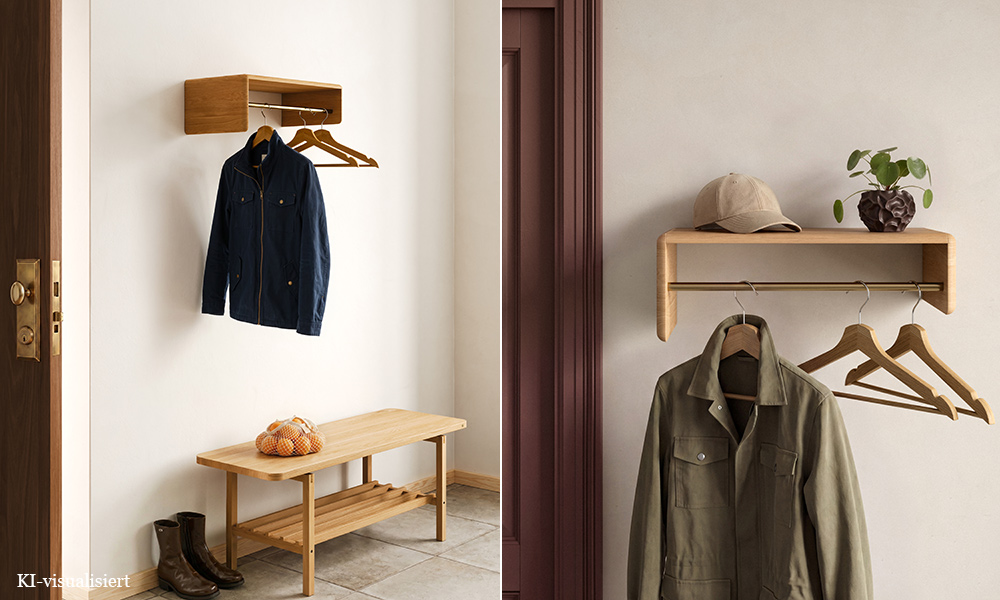 Andersen Furniture Level Multi Shelf aus Eiche als Wandgarderobe mit Hutablage und Kleiderstange, dekoriert mit Jacken und Kleiderbügeln in einem modernen Eingangsbereich.