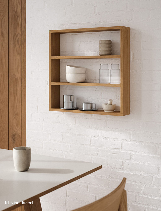 Andersen Furniture Sector Shelf Wandregal aus Eiche natur geölt mit drei Ablageflächen und Wohnaccessoires