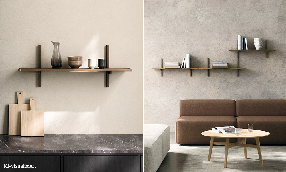 A-Light Shelf Wandregal von Andersen Furniture aus geräucherter Esche, flexibel nebeneinander und übereinander erweiterbar für Wohnbereich, Küche und andere Räume.