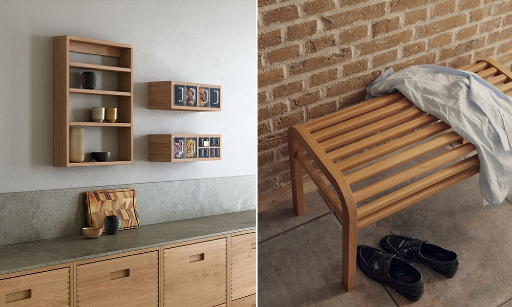 Wandregal und kleine Wandmöbel von Andersen Furniture aus Eiche sowie die B1 Bank mit Lamellensitz im skandinavischen Design.