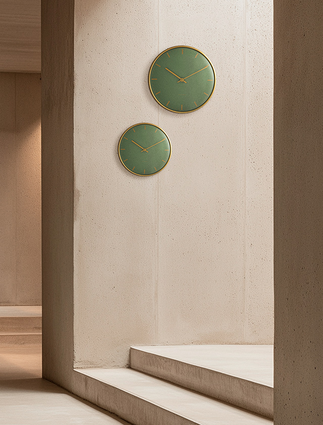 Zwei Arne Jacobsen City Hall Wanduhren in Grün mit goldfarbenem Rahmen (zwei Größen) an heller Betonwand.