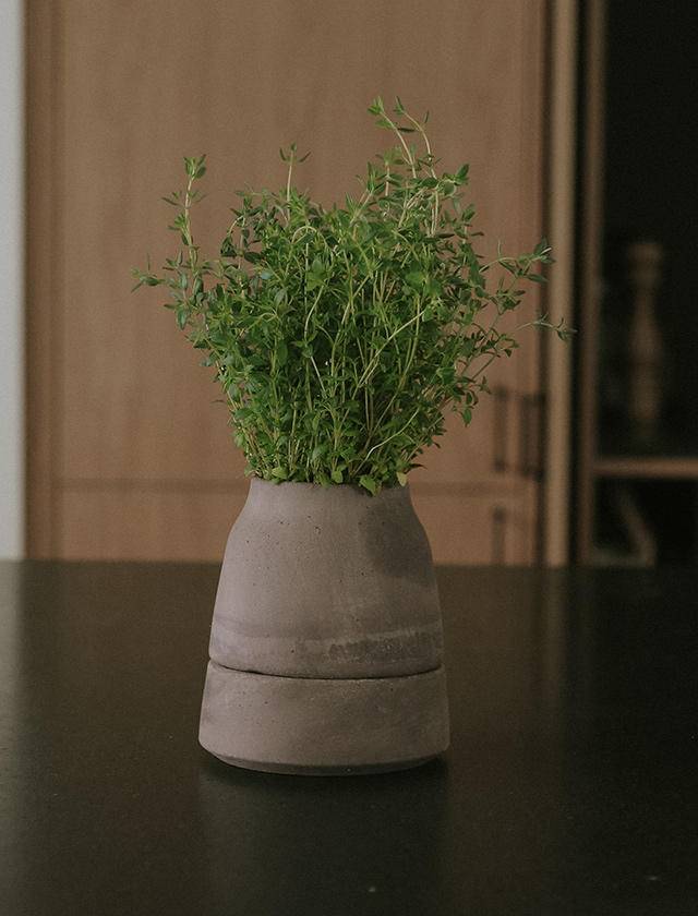 Bergs Potter Viva Kräutertopf aus grauer Terrakotta in 12 cm, bepflanzt mit frischem Thymian auf einer dunklen Küchenarbeitsplatte.