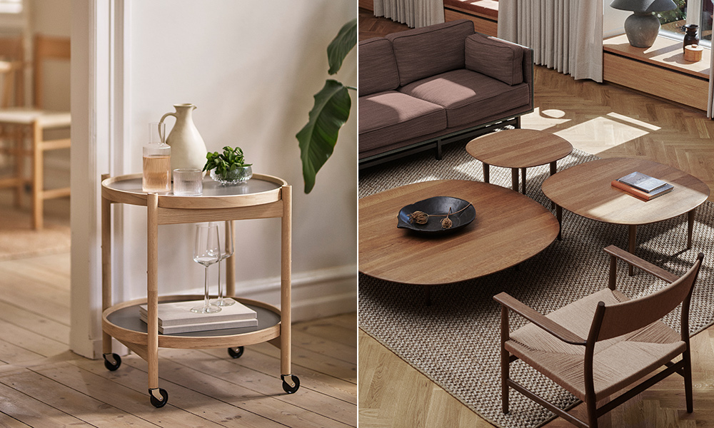 Brdr. Krüger Bølling Tray Table aus Eiche und Jari Coffee Tables in einem stilvollen Wohnzimmer mit Sofa und Loungesessel.
