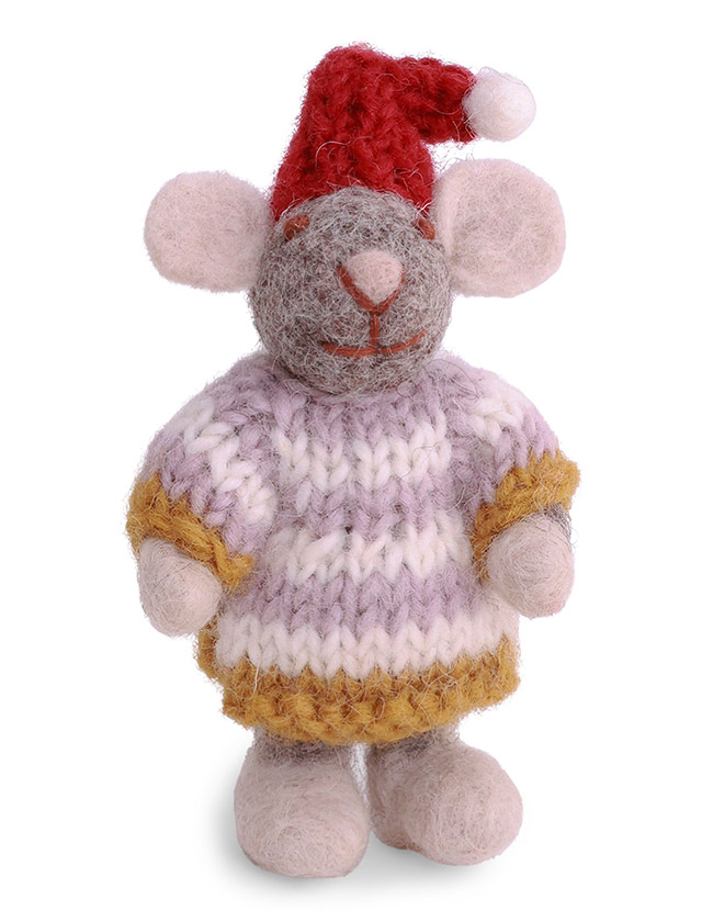 Mädchenmaus in Grau mit gestreiftem Strickkleid von Gry & Sif - Anhänger aus Wollfilz