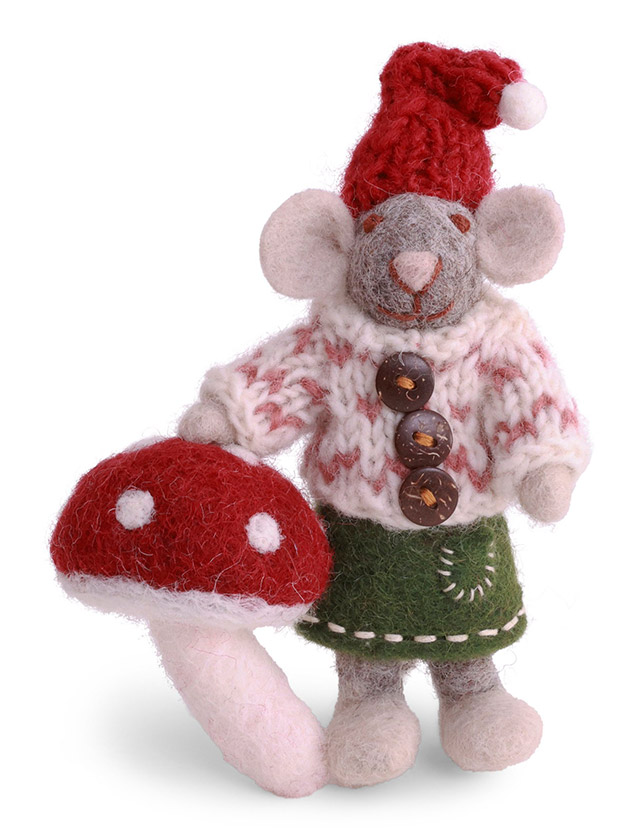 Mädchenmaus in Grau mit Fliegenpilz von Gry & Sif - Anhänger aus Wollfilz