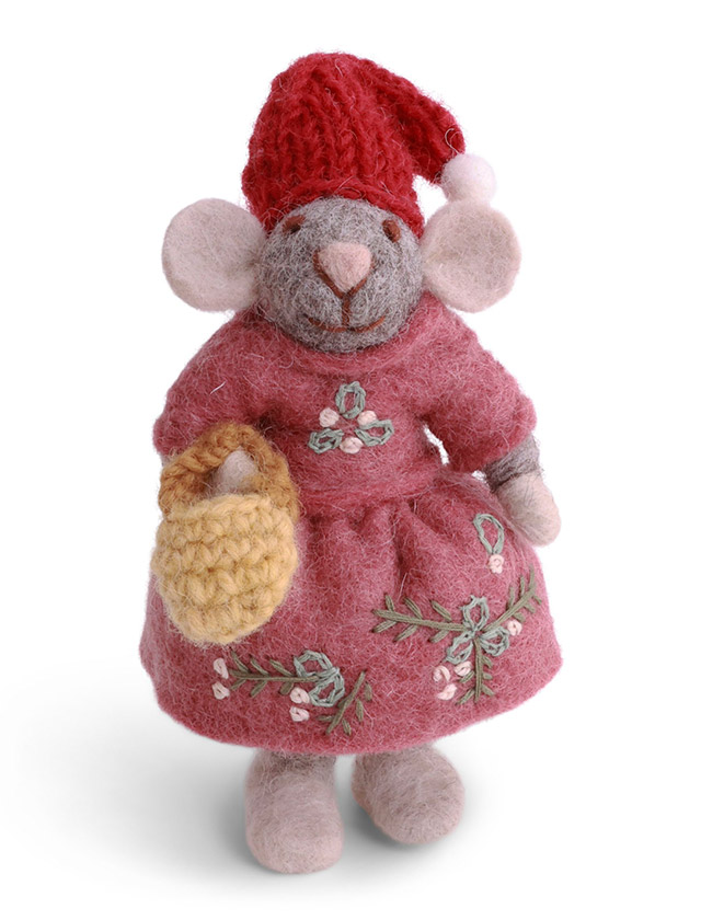 Mädchenmaus in Grau mit Handtasche von Gry & Sif - Anhänger aus Wollfilz