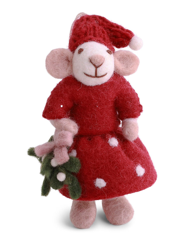 Mädchenmaus in Weiß mit rotem Kleid und Mistelzweig von Gry & Sif - Anhänger aus Wollfilz
