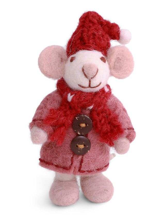 Mädchenmaus in Weiß mit rosa Mantel von Gry & Sif - Anhänger aus Wollfilz