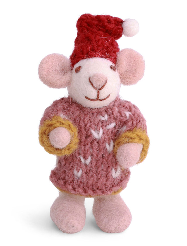 Mädchenmaus in Weiß mit rosa Strickkleid von Gry & Sif - Anhänger aus Wollfilz