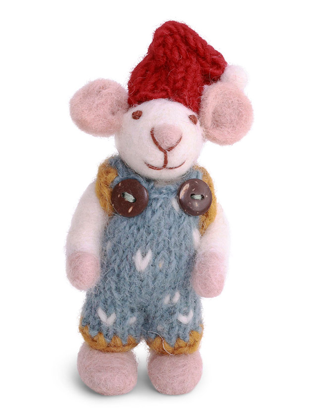 Mäuserich in Weiß mit gestricktem Overall von Gry & Sif - Anhänger aus Wollfilz