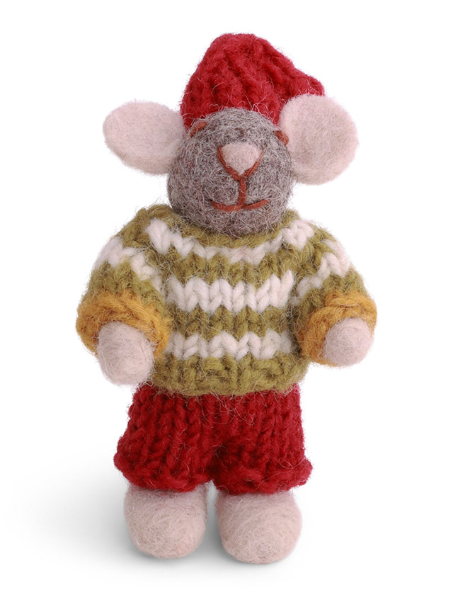 Mäuserich in Grau mit grün-weiß gestreiftem Pullover von Gry & Sif - Anhänger aus Wollfilz