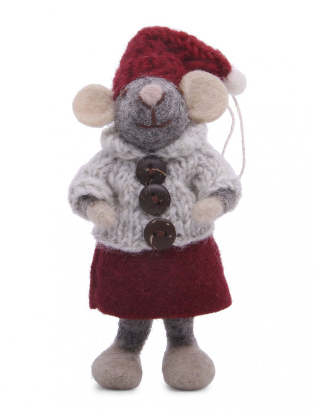 Maus mit grauer Jacke und rotem Rock von Gry & Sif - Anhänger aus Wollfilz