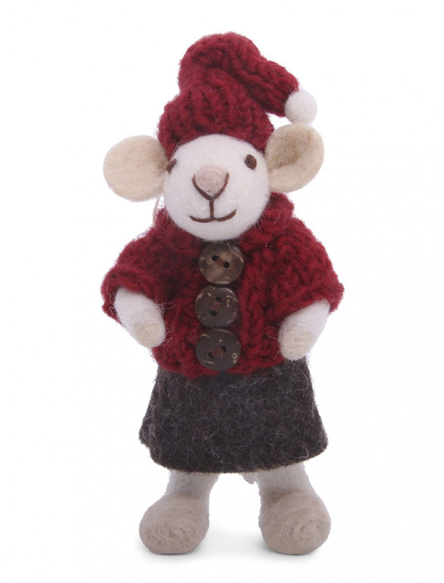 Maus mit roter Jacke und braunem Rock von Gry & Sif - Anhänger aus Wollfilz
