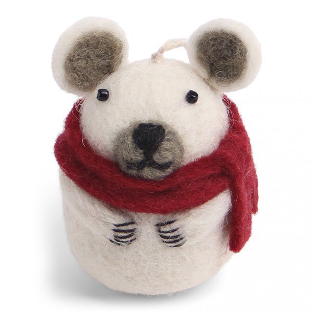 Mini Eisbär mit rotem Schal von Gry & Sif - Anhänger aus Wollfilz