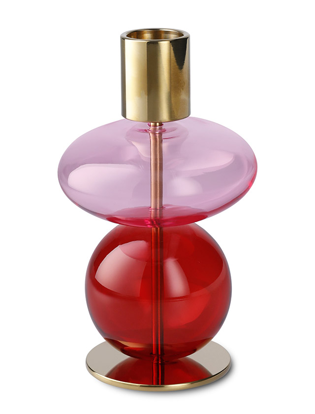 Holmegaard Bubble Kerzenhalter aus mundgeblasenem Glas in den Juwelentönen Pink-Saphir und Rubinrot.
