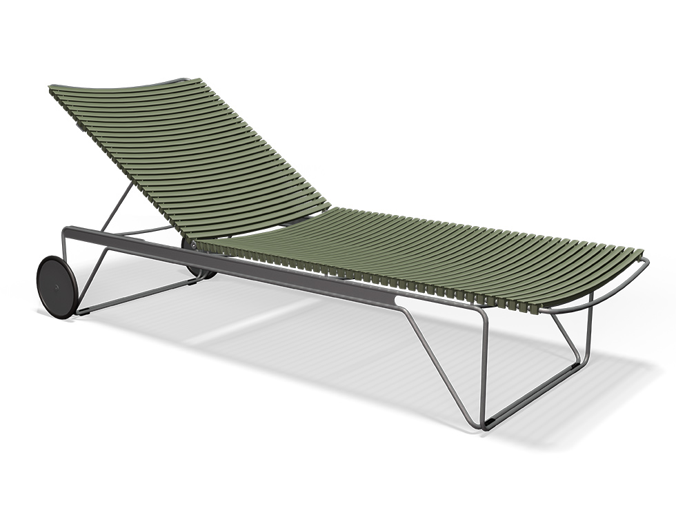 Verstellbare HOUE CLICK Sonnenliege in Olive Green mit Lamellen und Rädern für Terrasse oder Garten.