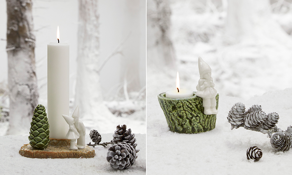 Christmas Tales mit Christmas Kiss & Christmas Break aus Keramik - Design Thora Finnsdottir für Kähler Design aus Dänemark. Die Figuren sind aus weißem Porzellan auf einer farbigen Glasur gefertigt, die natürlichen Strukturen und Formen nachempfunden ist. Bei diesen natürlichen Strukturen und Formen handelt es sich um direkte Abgüsse von Pilzen, Tannenzapfen und Baumstümpfen, denen Finnsdottir - mit ihrer üblichen Vorliebe für das Neue und Andere - durch ihre Keramikkunst neues Leben eingehaucht hat.