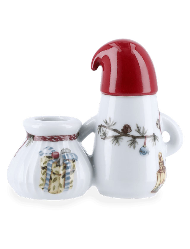 Kähler Design Hammershøi Weihnachtsmann Figur aus Porzellan mit roter Mütze und Sack, der als Kerzenhalter dient.