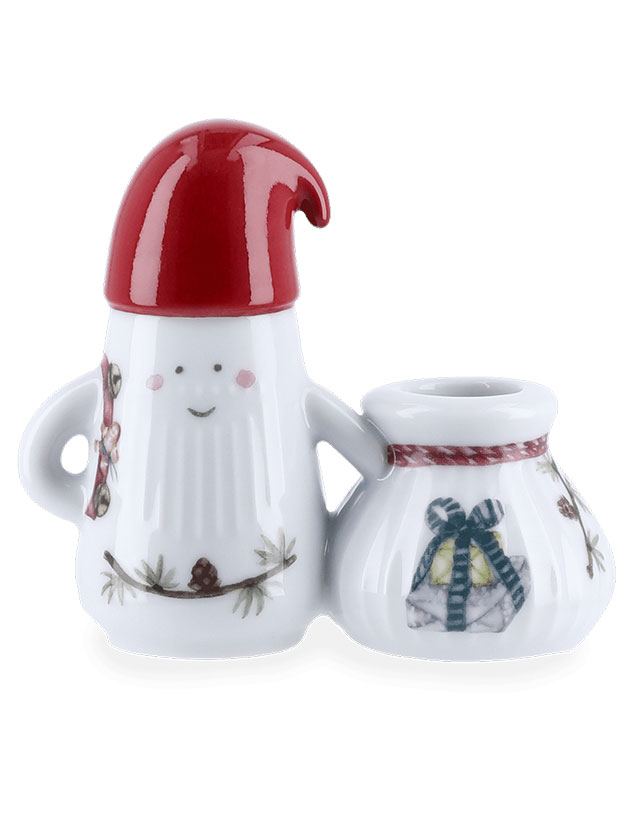 Kähler Design Hammershøi Weihnachtsmann Figur aus Porzellan mit roter Mütze und Sack, der als Kerzenhalter dient.