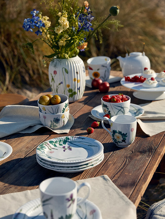 Blühende Küstenpflanzen, Muscheln und kleine Strandtiere – in sanften, gedeckten Farben auf weißem Porzellan. Die Serie Hammershøi Summer 2026 von Kähler bringt die stille Poesie eines Spaziergangs an der dänischen Küste auf den Tisch. Die feinen Aquarellmotive der Künstlerin Rikke Jacobsen scheinen dabei über die charakteristischen Rillen des von Hans-Christian Bauer entworfenen Geschirrs zu wachsen. Ein Teller für das sommerliche Frühstück, das kalte Buffet oder den Kaffee im Freien – und eine stimmige Ergänzung zu den übrigen Stücken der Serie.