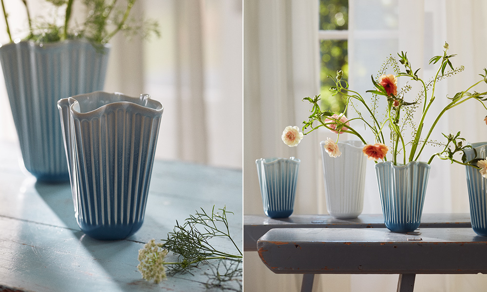 Kähler Hammershøi Unfold Vase blau, gerillte Keramikvase mit weichem Rand und Blumen