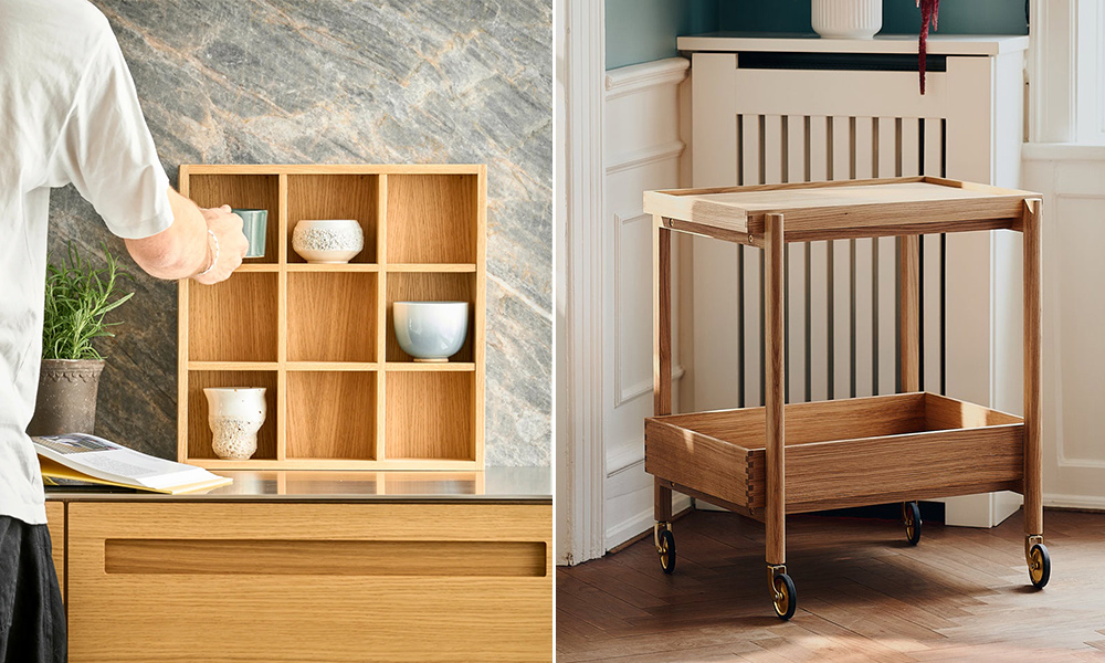 Kath & Andersen steht für echtes Danish Design – Made in Danmark. Das elegante Tassenregal aus massiver Eiche bringt skandinavische Ordnung und warme Natürlichkeit in Küche oder Esszimmer. Der mobile Tabletttisch mit Rollen – zugleich Servierwagen und Beistelltisch – kombiniert Funktionalität mit zeitloser Formensprache. Beide Möbelstücke spiegeln die Werte von Kath & Andersen wider: minimalistisches Design, langlebige Materialien und dänische Handwerkskunst, die Generationen überdauert.