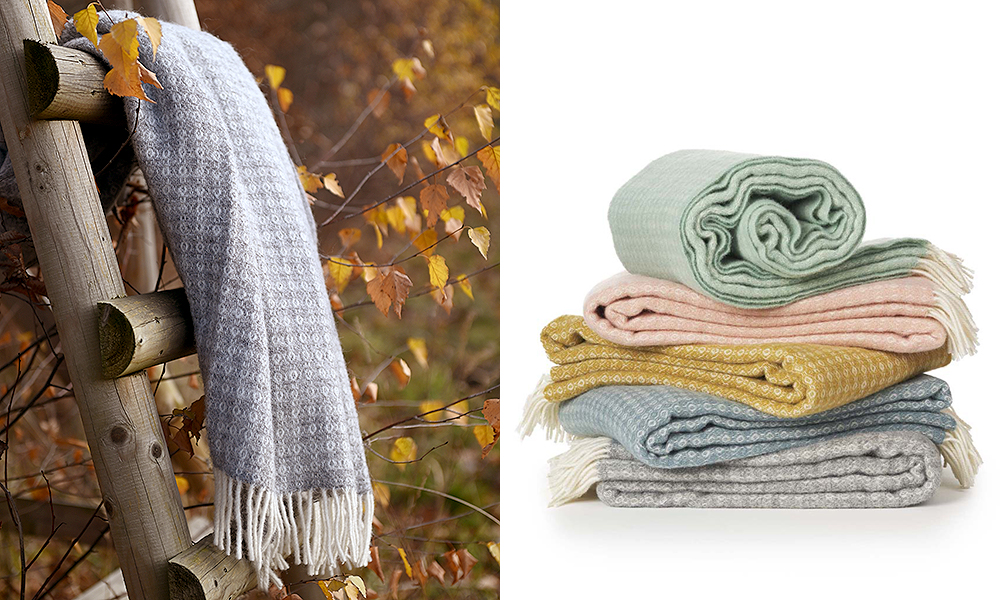 Loop Wolldecken aus 100% Lammwolle von Klippan aus Schweden in den Farben Mint, Peach, Mustard, Sky Blue & Stone
