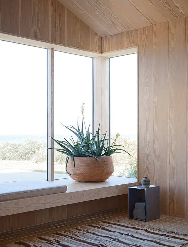 Bergs Potter Doma Pflanzgefäß aus roher Terracotta in Rosa mit Aloe-Pflanzen auf einer Fensterbank im hellen Beachhouse-Interieur.