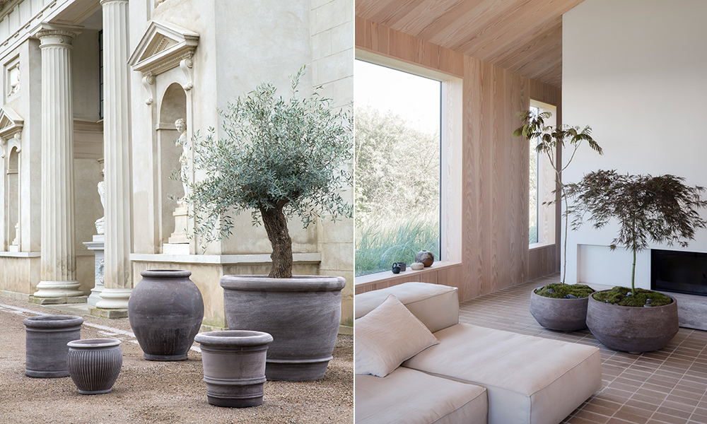 Große Pflanzgefäße von Bergs Potter in natürlicher Raw-Terracotta-Optik, darunter Modelle aus den Serien Doma, Large Københavner und Raro. Ergänzend ist ein gerippter Terracotta-Topf zu erkennen, vermutlich aus einer strukturierten Bergs-Potter-Serie wie Atlas. Die großzügigen Pflanzgefäße eignen sich für Olivenbäume, kleine Bäume, große Zimmerpflanzen, Gräser und repräsentative Bepflanzungen auf Terrasse, im Garten, Eingangsbereich oder Wohnraum.