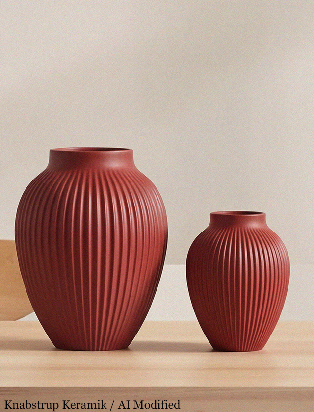 Zwei Knabstrup Keramik Ripple Rillenvasen in Soft Cherry Red in unterschiedlichen Größen auf einem hellen Tisch.