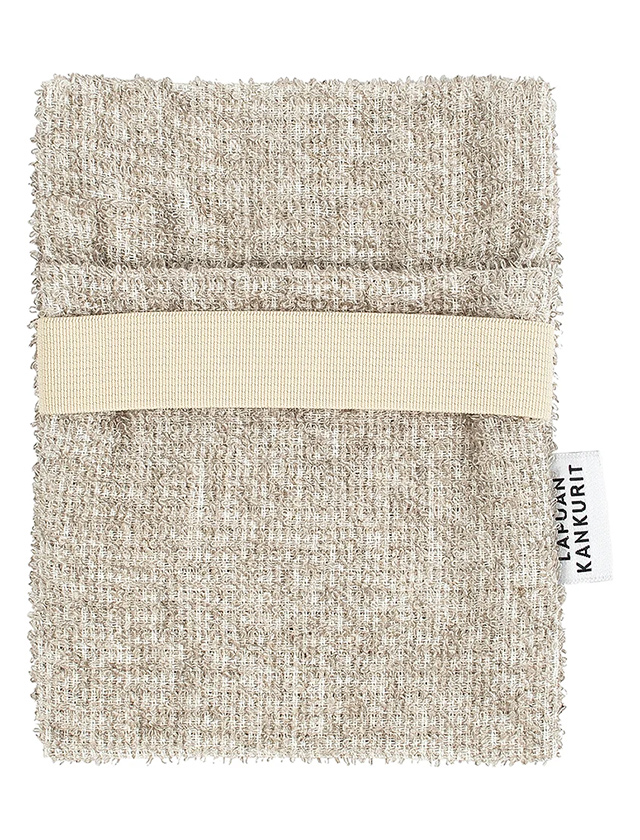 Naturfarbener Lapuan Kankurit KIVI Peeling-Waschhandschuh aus Leinenfrottier mit hellem Halteband