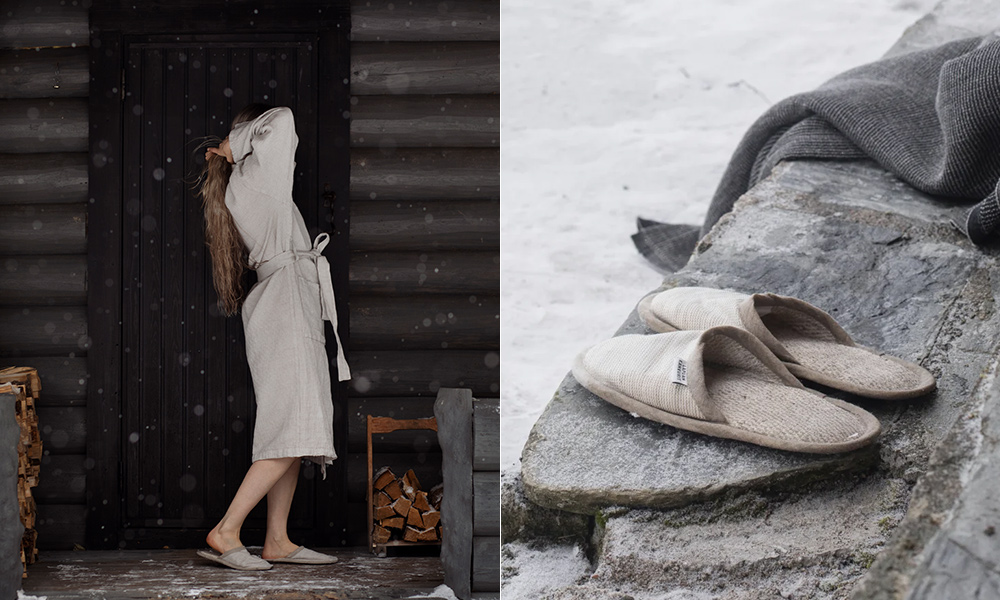Winterliche Saunastimmung: Eine Person im Bademantel steht vor einer dunklen Holzsauna und trägt die Onni Saunaschuhe aus Leinen von Lapuan Kankurit. Daneben zeigt eine Nahaufnahme die beigen Leinen-Saunaschuhe auf vereisten Steinstufen, im Hintergrund Schnee und eine graue Decke.