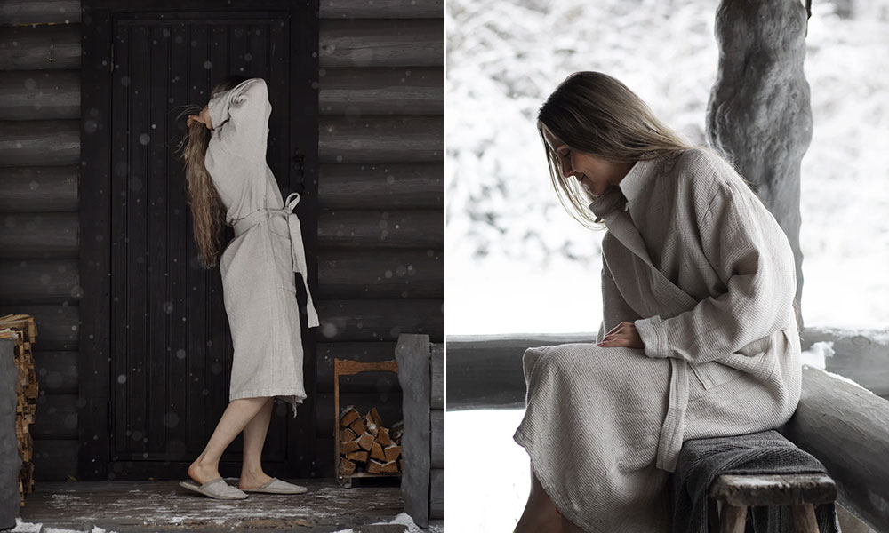 Der TERVA Bademantel von Lapuan Kankurit vereint nordisches Design, natürliche Materialien und nachhaltige Innovation. Hergestellt aus einer hochwertigen Mischung aus Leinen und TENCEL™ – einer umweltfreundlichen Faser aus Holz – ist dieser Bademantel besonders leicht, saugfähig und schnelltrocknend. Ideal für den Alltag im Badezimmer, für die Sauna oder entspannte Momente im Home Spa.