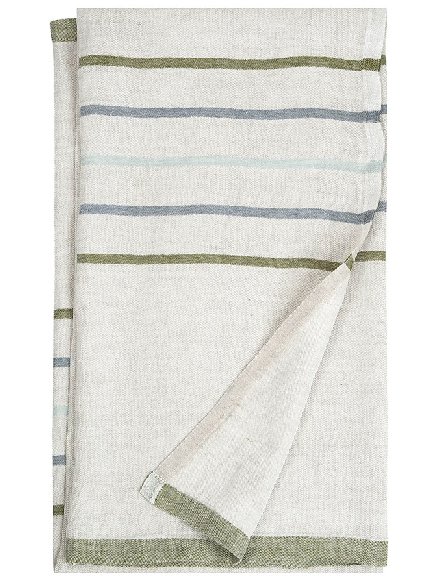 VIRTA Leinen-Dusch- und Saunatuch mit Streifen in Oliv, Grau und Hellblau auf Naturleinen von Lapuan Kankurit
