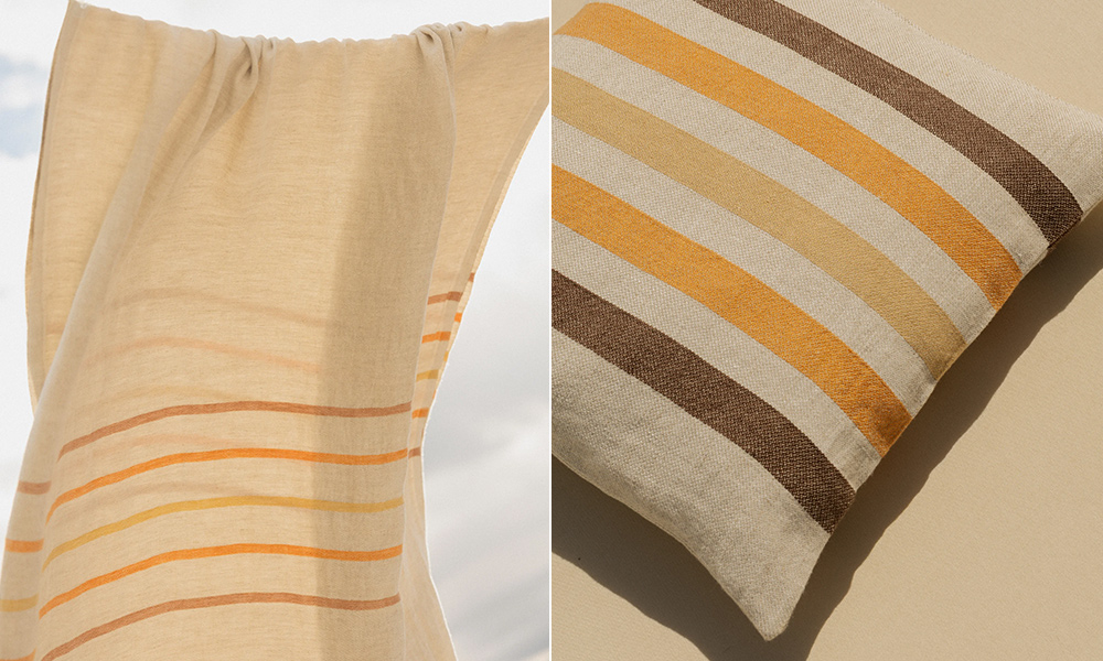 VIRTA Leinen-Kissenbezug mit Streifen in Rostorange, Beige und Braun auf Naturleinen von Lapuan Kankurit