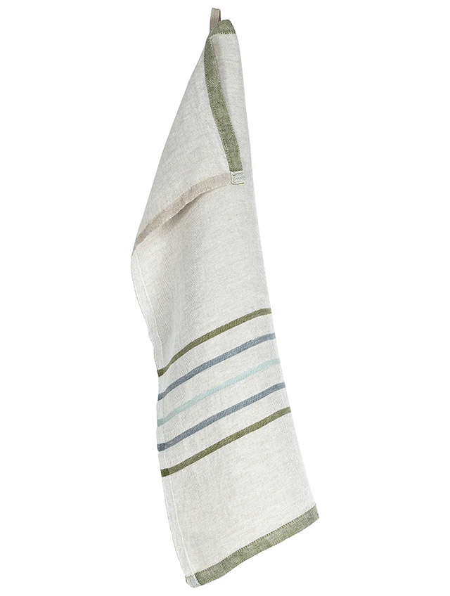 VIRTA Leinen-Hand- und Geschirrtuch mit Streifen in Oliv, Grau und Hellblau auf Naturleinen von Lapuan Kankurit