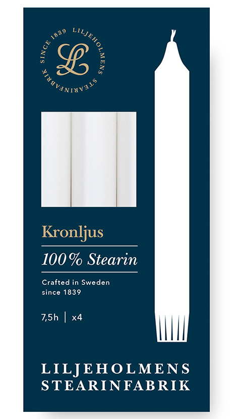 Liljeholmens Kronljus 4er-Pack Weiß Kerzen – 100 % Stearin, Handgefertigt in Schweden