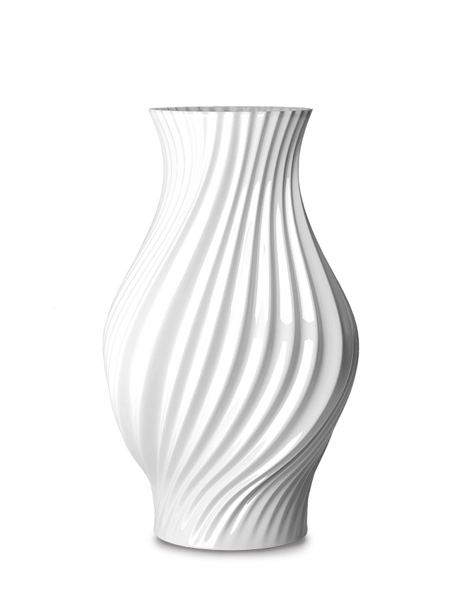 Lyngby Porcelæn Twist Vase aus weißem Porzellan, kunstvoll mit dynamischen Spiralrillen gestaltet, elegante Designobjekte in der Größe 25cm für zeitlose Wohnkultur.