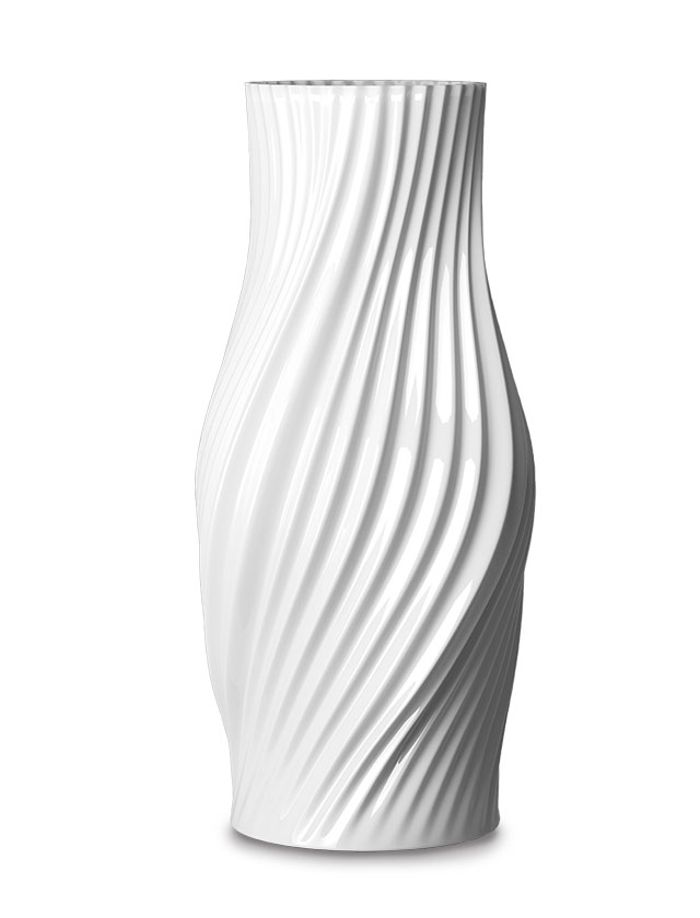 Lyngby Porcelæn Twist Vase aus weißem Porzellan, kunstvoll mit dynamischen Spiralrillen gestaltet, elegante Designobjekte in der Größe 31cm für zeitlose Wohnkultur.