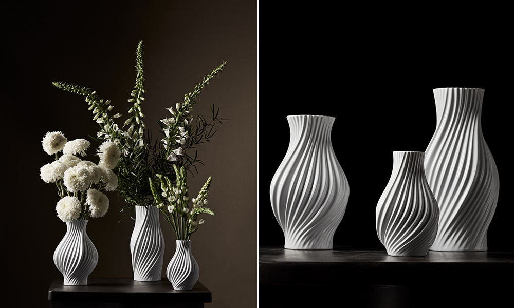 Lyngby Porcelæn Twist Vasenserie ist eine moderne Neuinterpretation der ikonischen Lyngby Vase. Charakteristisch sind die elegant gedrehten Linien, die den Porzellanvasen eine dynamische, skulpturale Wirkung verleihen. Jede Vase scheint in Bewegung zu sein und bringt Leichtigkeit und Raffinesse in jeden Raum.