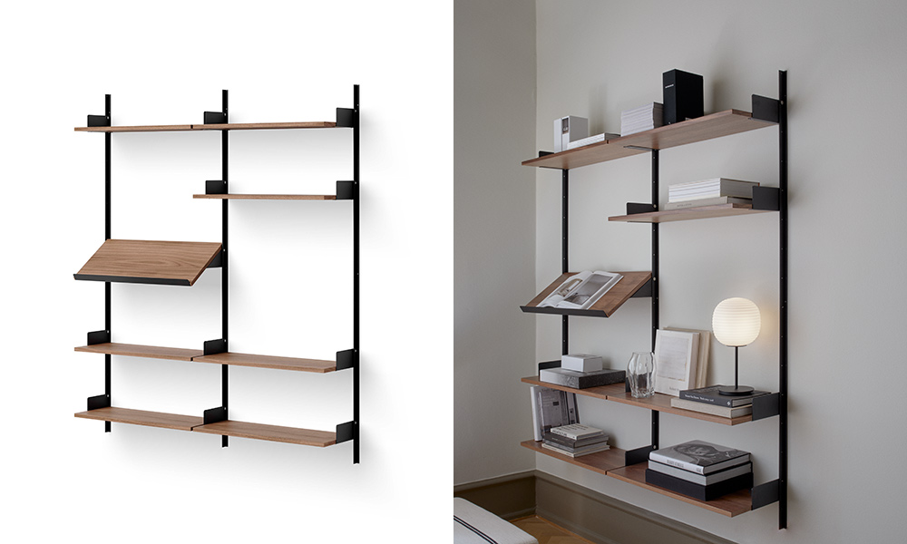 New Works - Living Shelf - Regal mit 7 Fachböden in Nussbaumfurnier, einer Magazinablage und schwarzen 3 Wandprofilen 1900. Maße: 1900 mm Höhe, 1635 mm Breite, 305 mm Tiefe. Fachböden sind in der Höhe verstellbar.