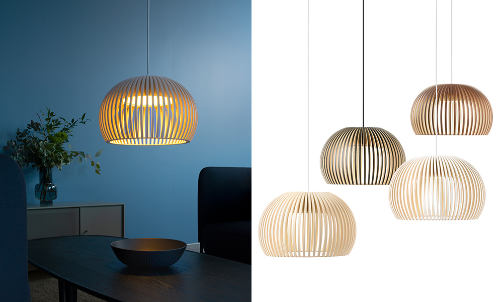 Die Atto 5000 Pendelleuchte von Secto Design wird in Finnland aus hochwertigem Holz handgefertigt. Erhältlich in Birke Natur, Walnuss Furnier, Schwarz oder Weiß – eine elegante skandinavische Leuchte mit warmem, natürlichem Licht.