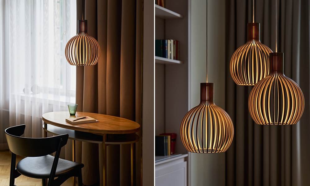 Secto Design Octo Tre 4242 Pendelleuchte aus Holz mit feinen Lamellen, warmem Lichtschein und skandinavischem Design über Esstisch und als dekorative Leuchtengruppe