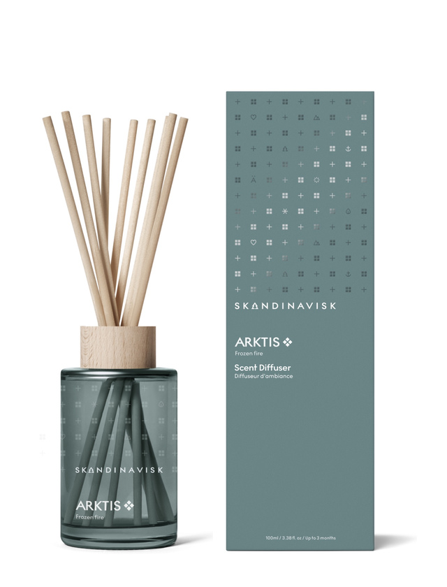 Skandinavisk ARKTIS Diffuser 100 ml mit Duftstäbchen und graugrünem Glas, inspiriert von der klaren Atmosphäre der Arktis