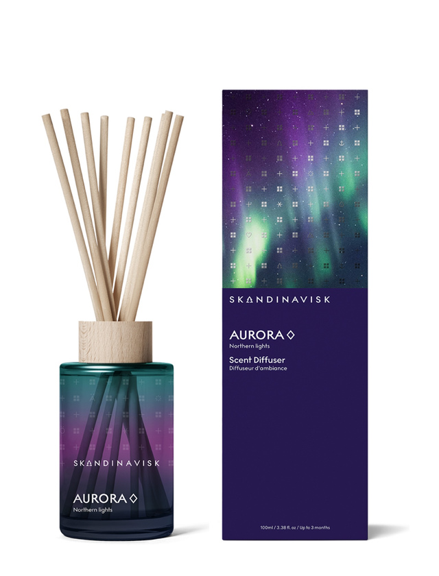 Skandinavisk AURORA Diffuser 100 ml mit Duftstäbchen und farbigem Glas, inspiriert vom nordischen Polarlicht
