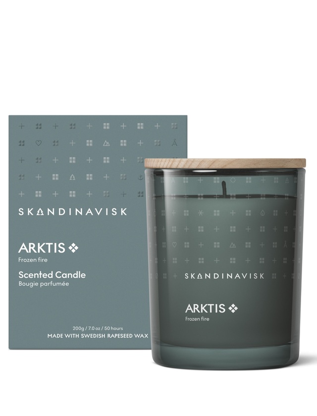 Skandinavisk ARKTIS Duftkerze 200 g im graugrünen Glas mit Holzdeckel und Originalverpackung