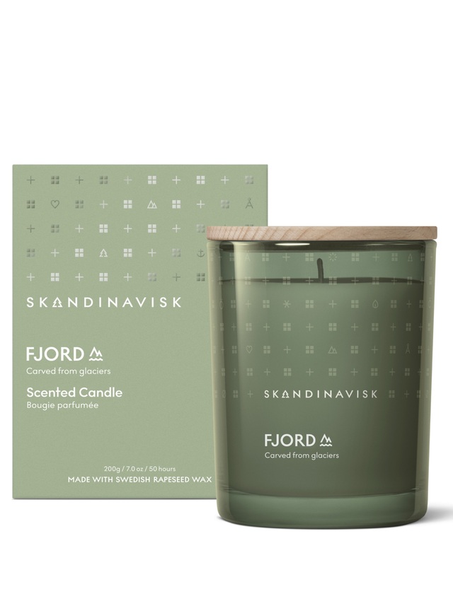 Skandinavisk FJORD Duftkerze 200 g im grünen Glas mit Holzdeckel und Originalverpackung